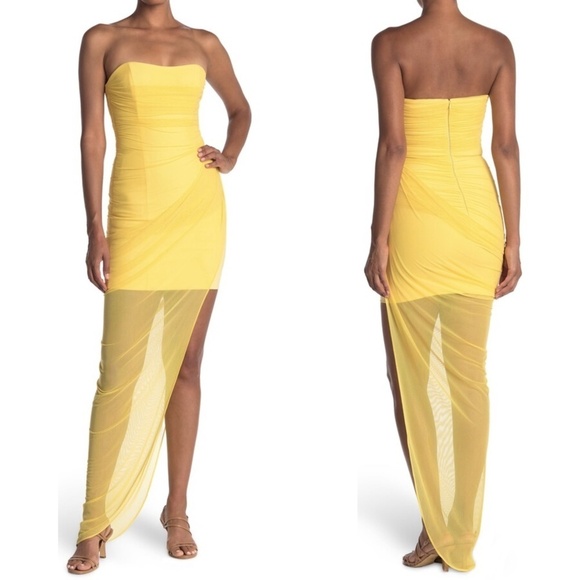 NWOT Likely Blakely Strapless Asymmetric Draped Mesh Overlay Gown in Yellow - Picture 1 of 5